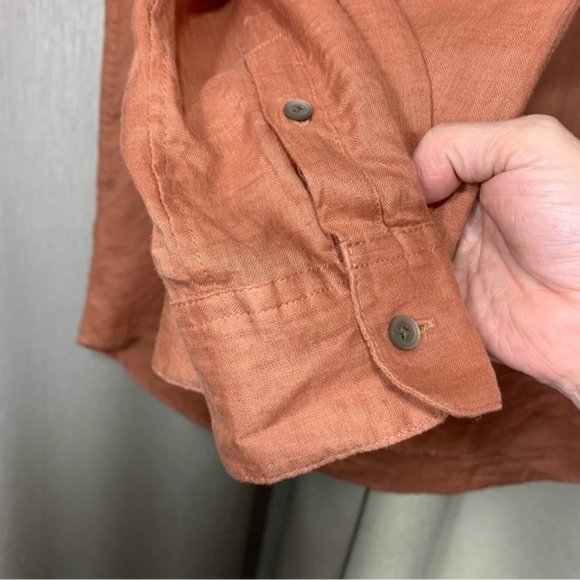 Uniqulo Rust Brown 100% Linen Button Up Shirt Women Sz S Boyfrien - Picture 4 of 10